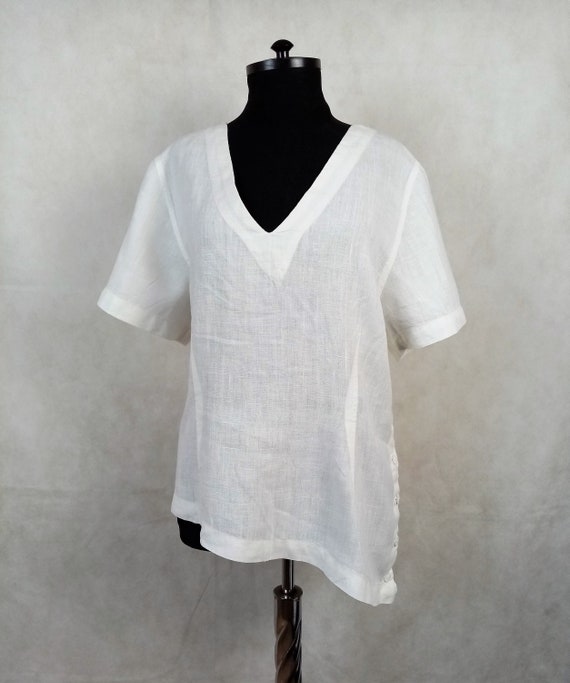 Blusa Vintage Asimetrica De Lino Blanco Boton A Traves Del Lado Talla L Etsy Mexico