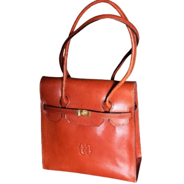 vintage Grand sac en cuir marron forme trapèze sac à bandoulière TT monogramme sac à main