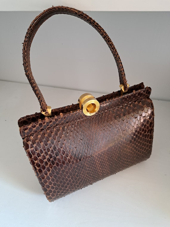 Vintage 1940s Brown Snakeckin Bag Top Handle Gold Tone Metal Vintage 1940s Brown Snakeckin Bag Top Handle Gold Tone Metal