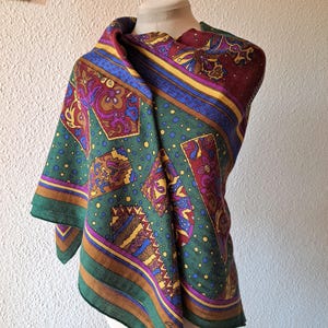 Christian Fischbacher Large Wool/Silk Scarf 54&#39;&#39;, Green/Burgundy Letters Print, Vintage 80s Designer Scarf, Unique Rare Accessories For Her