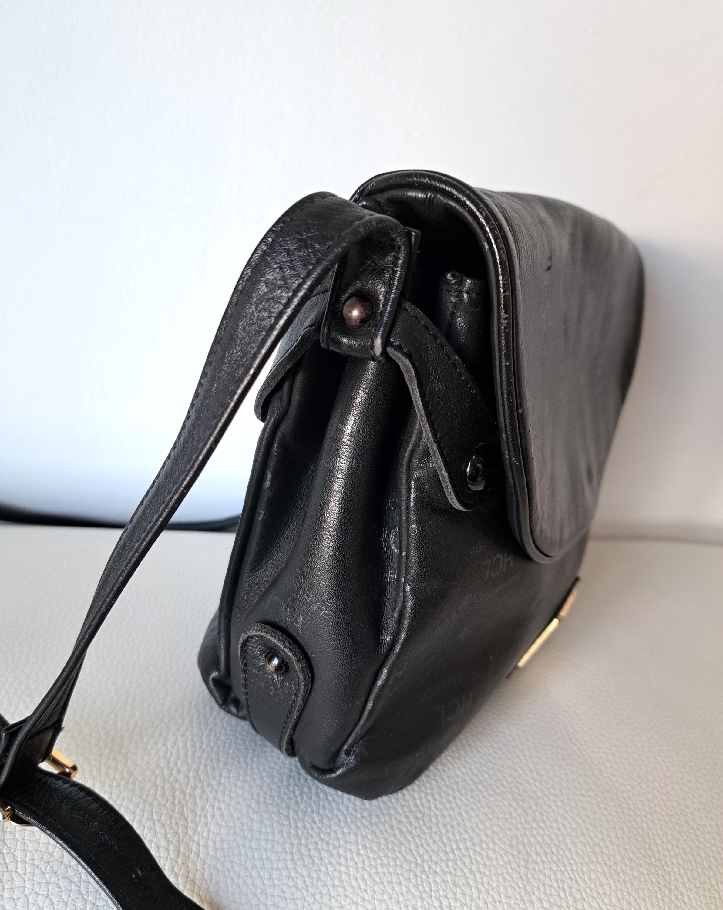 Vintage HCL Monogram Leather Shoulder Bag Black Made in 