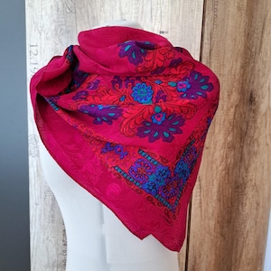 Liz Claiborne Silk Scarf, Floral Print - Fuchsia, Red, Blue, Turquoise, Square Jacquard Silk Scarf, Vintage 80s Accessories