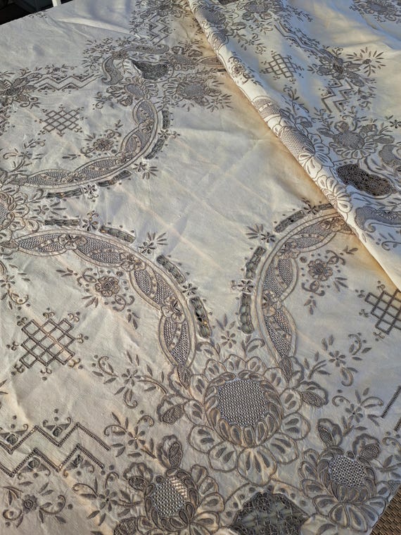 Vintage Large Tablecloth with Handmade Madeira Cutwork Embroidery, Handcrafted Linen Table Cover