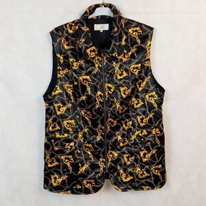Vintage 90s Black Gold Baroque Print Vest, Quilted Silk Waistcoat, Alba Moda Vest, Large
