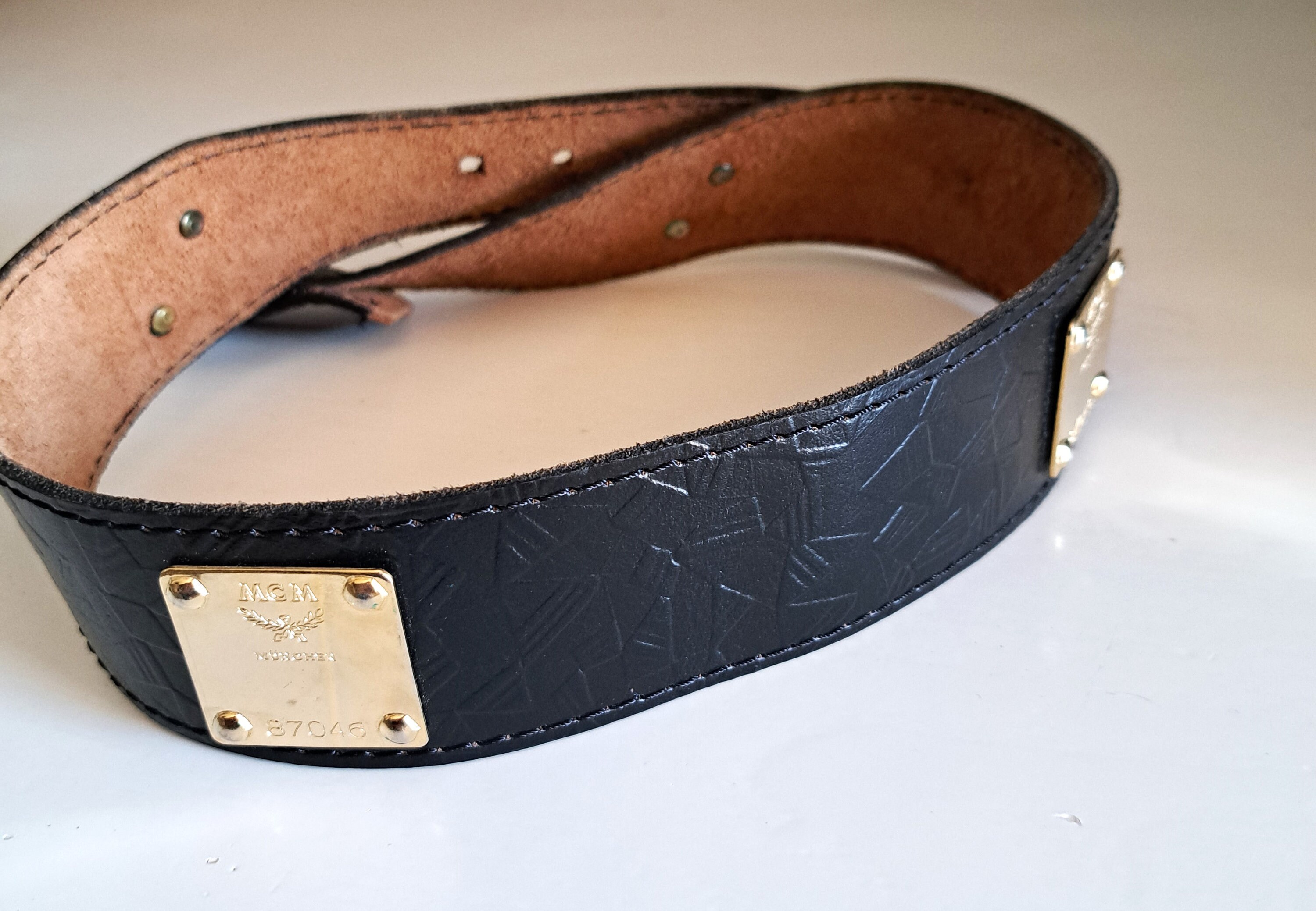 SALE???Vintage MCM Black Belt with Gold Buckle size XS Vintage MCM Black Leather Belt Gold Tone Metal Plates/ 78 to  main image 4