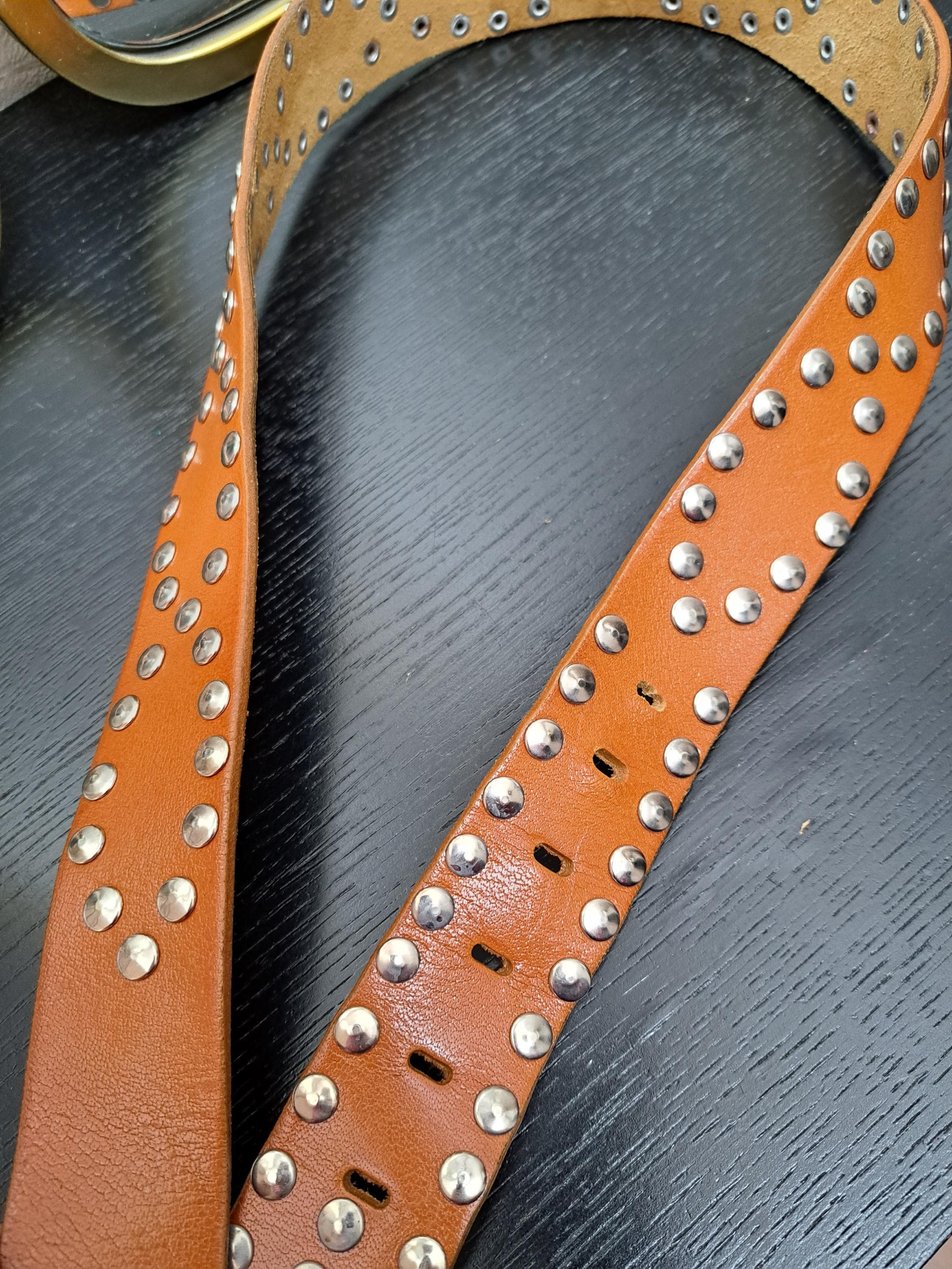 Cognac Brown Wide Waist Oversized Studded Leather Belt Festival 90s Size S Dark Brown Suede Wide Belt With Studs | JUAN-JO | Wolf & Badger main image 3