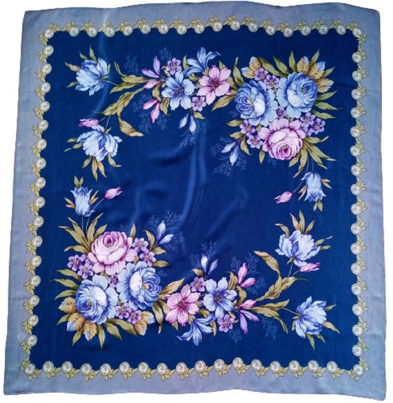 Floral Silk Scarf, Blue Head Scarf with Flowers, … - image 2