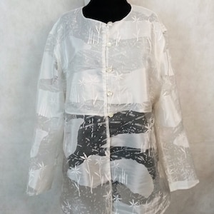 Vintage White Organza Jacket, Designer Tuzzi  Jacket, Sheer Tulle Tonal Floral Blazer, Bridal Party Wear, Large