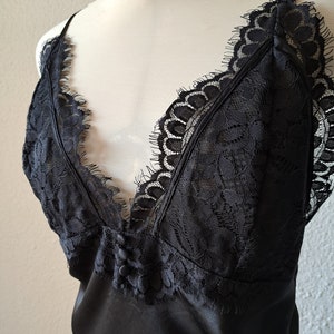 Black Satin Silk Slip Dress Lace Trimmed Lingerie Satin Silk Nightgown Night Dress for Women Spaghetti Cross Back Dress by Noir Size XL