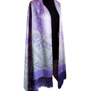 Vintage 90s Escada Long Silk Scarf, Purple White Shawl, Snake and Paisley Print Silk Wrap with Fringe image 4