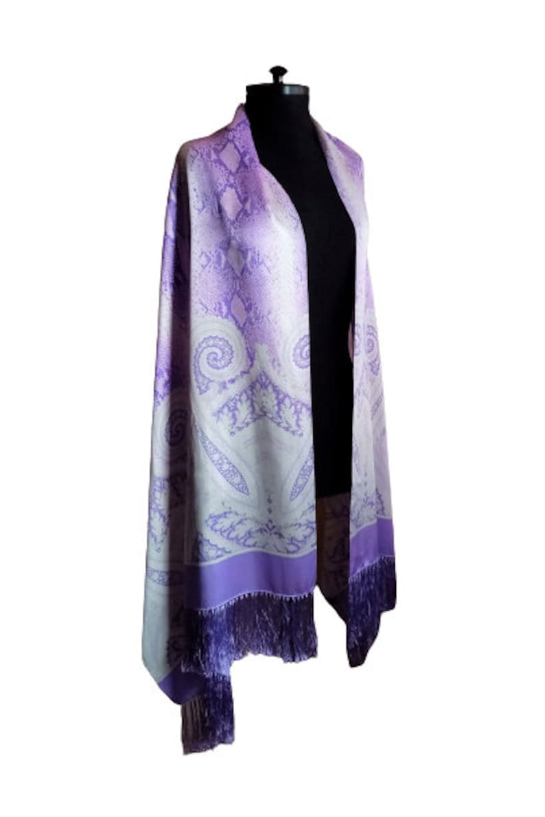 Vintage 90s Escada Long Silk Scarf, Purple White Shawl, Snake and Paisley Print Silk Wrap with Fringe image 4