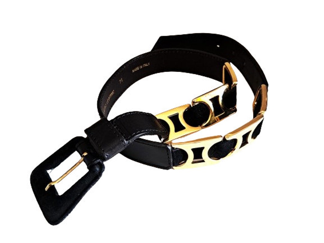 Ceinture Vintage Express Taille S - Toile Métallique Dorée & Suède Noir - Occasion Très Bon État