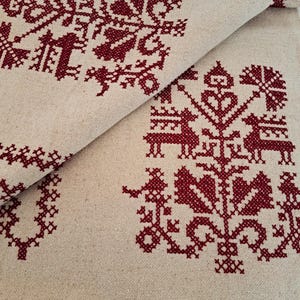 Vintage Hand Embroidered Wall Decor Eastern European Traditional Folk Embroidery Cross Stitch in Red