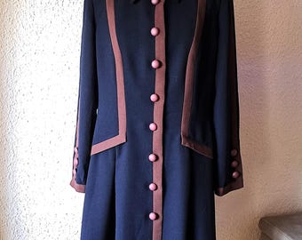 Vintage Louis Feraud Wool Dress Coat: 80s Black Trim, Made in Germany