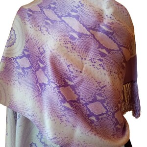 Vintage 90s Escada Long Silk Scarf, Purple White Shawl, Snake and Paisley Print Silk Wrap with Fringe image 5