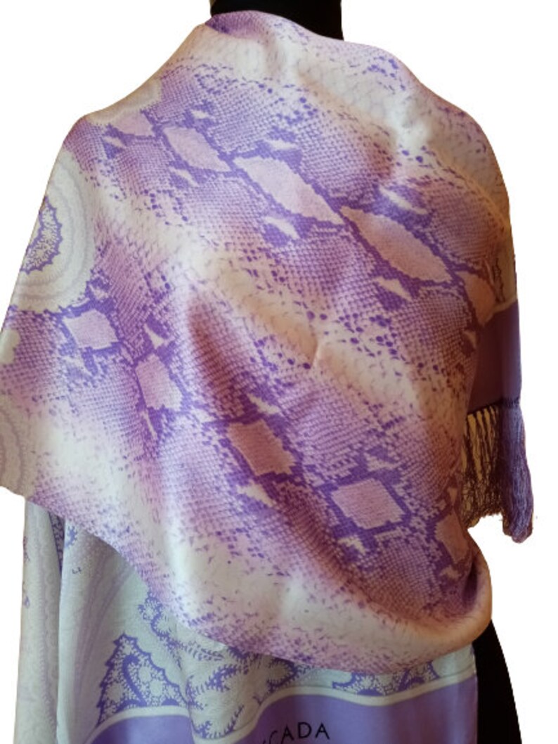Vintage 90s Escada Long Silk Scarf, Purple White Shawl, Snake and Paisley Print Silk Wrap with Fringe image 5