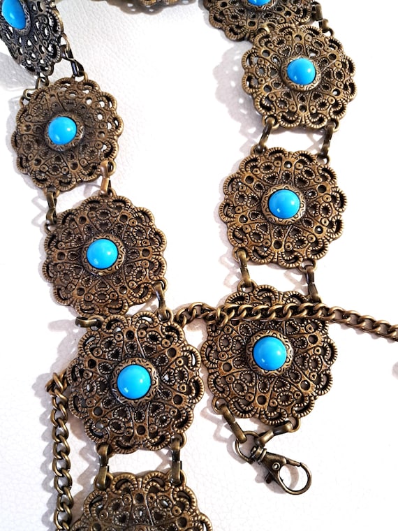 Vintage BoHo Metal Medallion Filagree Chain Belt Hammered Metal Medallion Boho Gypsy Belt / Festival Accessories main image 3