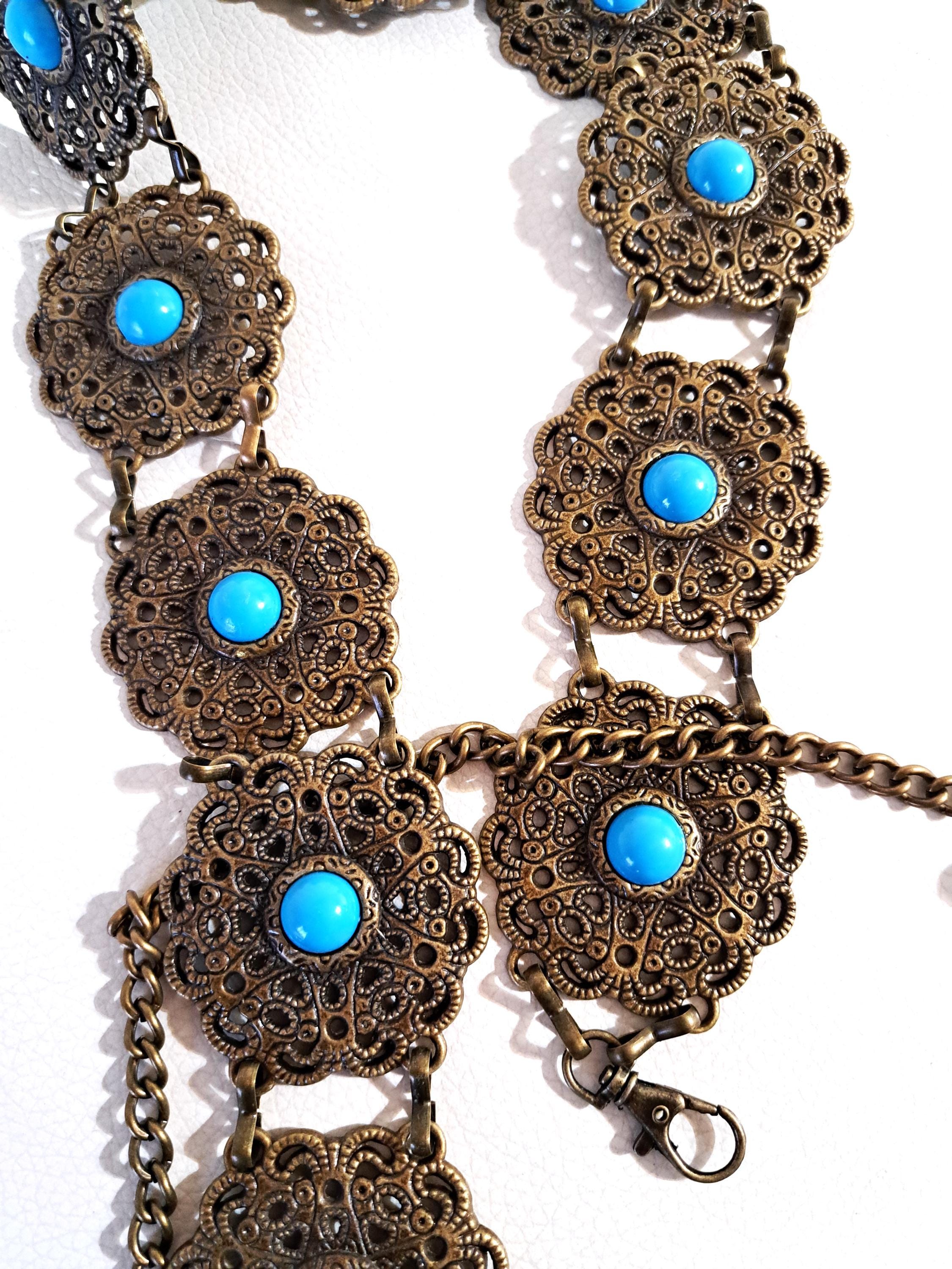Vintage Turquoise/ blue and Antique Gold Medallion Belt Vintage Antique Brass Medallion Chain Belt With Turquoise  main image 3