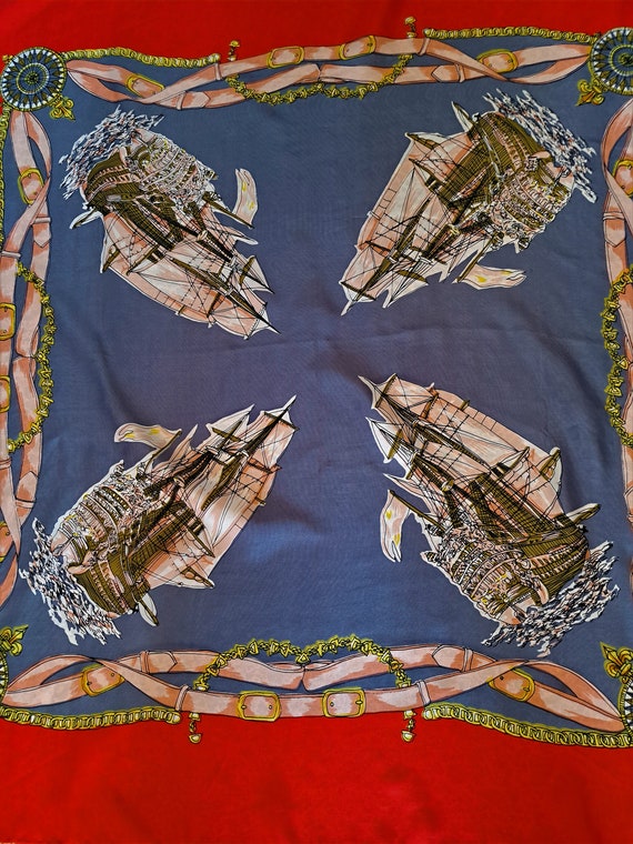 Vintage Nautical Theme Silk Scarf, Red Gray Sailb… - image 3