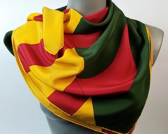 Vintage Alfred Keller Silk Scarf, Yellow Red Green Geometric Square Scarf