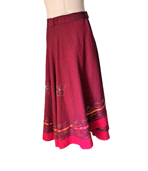 Vintage Aprons, Retro Aprons, Old Fashioned Aprons & Patterns Red Flared Skirt Long Wrap With Tie Waist Embroidered Ethnic Festival Clothing Vintage Cotton Made in Nepal $55.25 AT vintagedancer.com