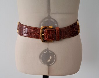 Vintage Jill Stuart wide brown leather gold medallion reptile croc embossed belt Vintage Jill Stuart Wide Brown Reptile Croc Embossed Leather  main image 3