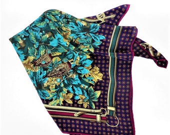 Vintage Silk Scarf, Floral, Bird, Botanical Print Silk Scarf, Burgundy Turquoise Square Head Scarf