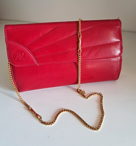 Vintage Red Leather Clutch: 90s Mini Shoulder Bag With Gold Chain