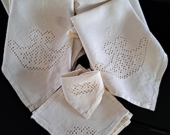 Vintage Linen Napkins Set: Embroidered Lagarterana Lace, Handmade Hem