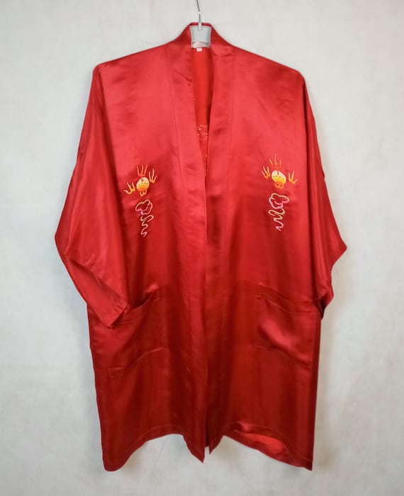 Vintage Golden Dragon Chinese Red Silk Robe,  Han… - image 2