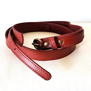 Vintage Red Leather Skinny Belt: Brass Buckle, 85-95cm Waist