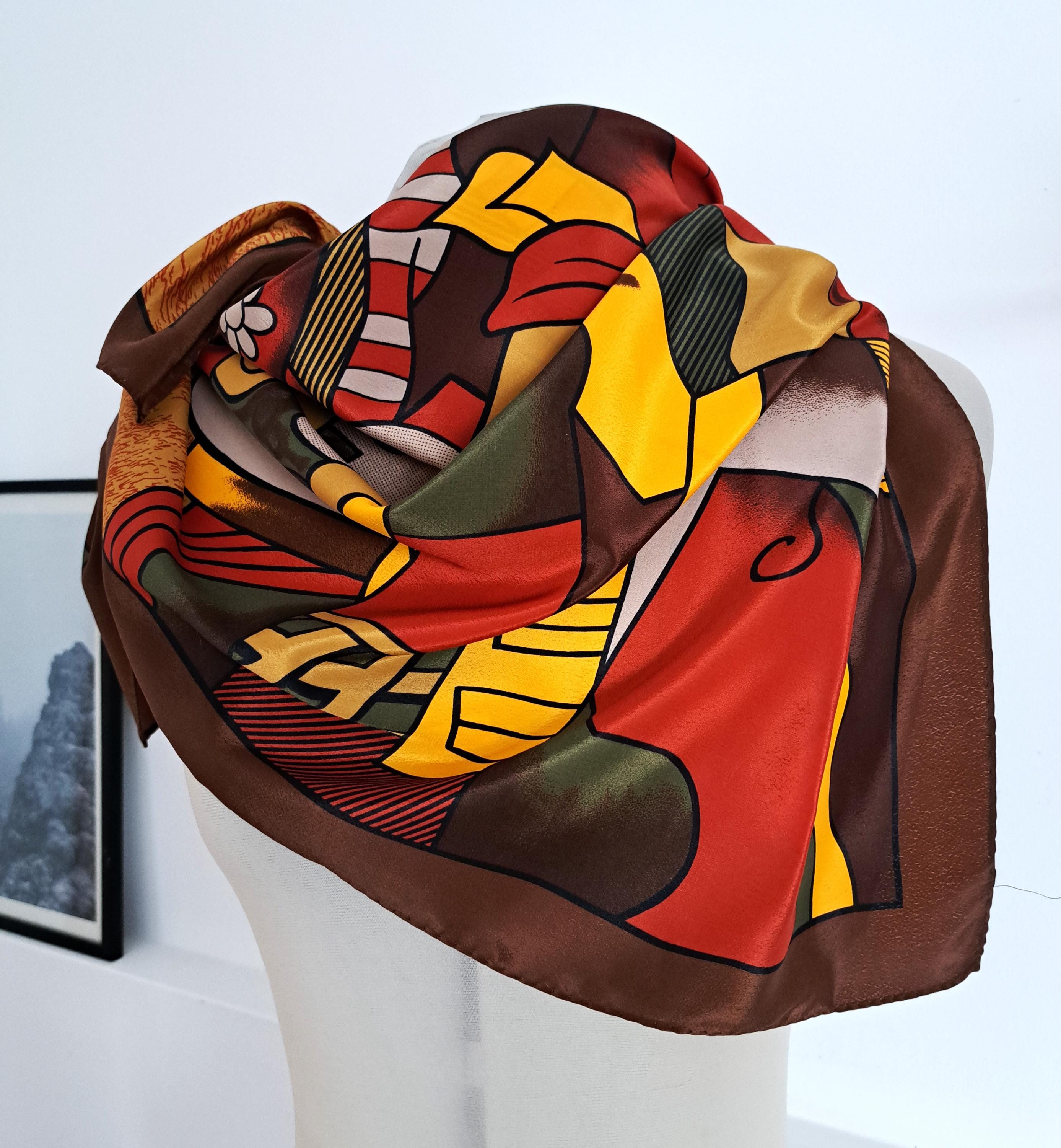 Vintage Picasso Silk Scarf Brown Yellow Rusty Art Print