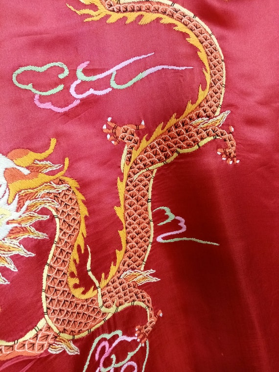 Vintage Golden Dragon Chinese Red Silk Robe,  Han… - image 8