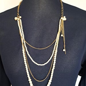 フェイクパール付きヴィンテージ ロングレイヤードチェーンネックレス