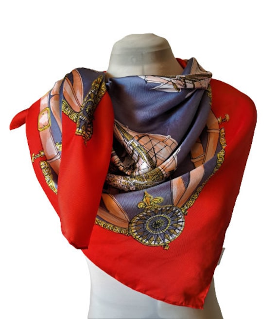 Vintage Nautical Theme Silk Scarf, Red Gray Sailb… - image 1