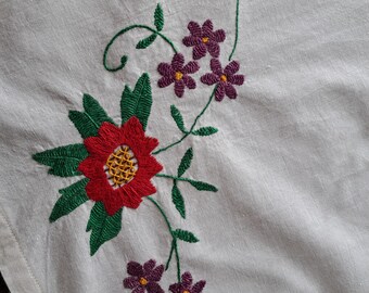 ヴィンテージ手刺繍花柄テーブルクロス：ホワイトコットン、28.4インチ