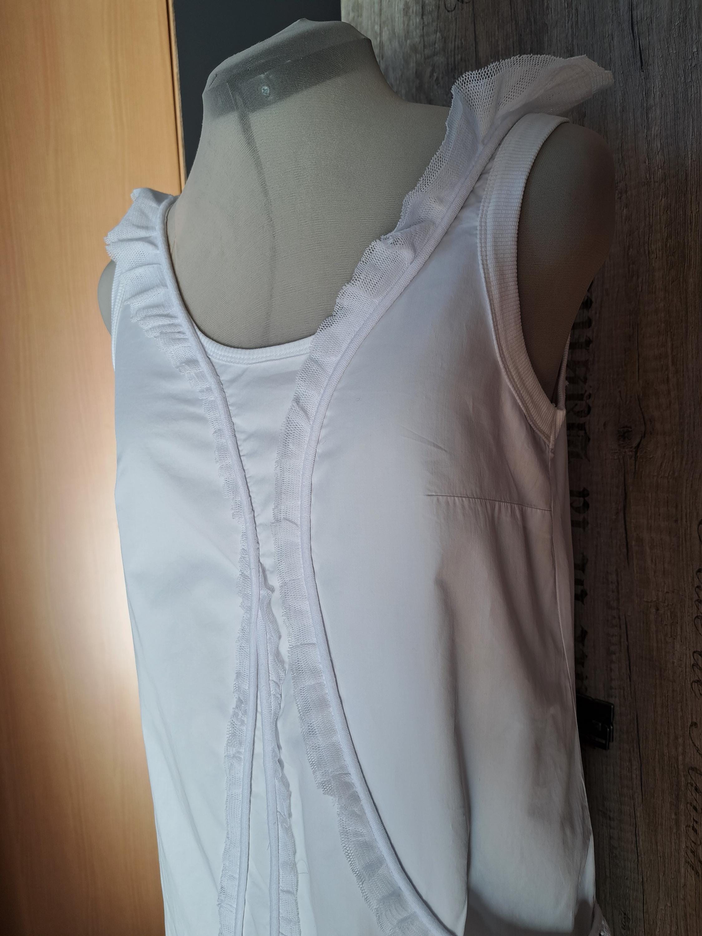 Cop Copine White Cotton Dress, Mesh Ruffle Sleeveless A-line, Size 