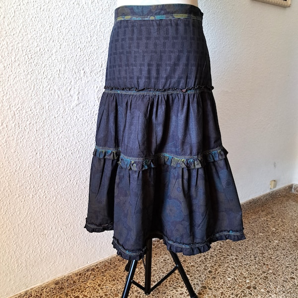 Custo Barcelona Ruffle Tiered Skirt / Mid length Dark Brown Blue Layered Skirt Cotton Block Print Tiered Skirt Medium