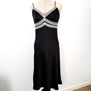 Vintage 90&#39;s Blunauta Silk Black/White Lace Chemise Nightdress Slip Dress, Feminine Elegant