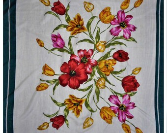 Vintage Silk Scarf, Floral Motives Scarf, Hand Rolled Edges Square Shawl