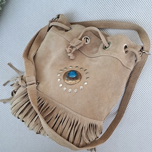 Vintage Borse In Pelle Beige Suede Leather Bag Italian Crossbody  Tassel Fringe Bucket Bag