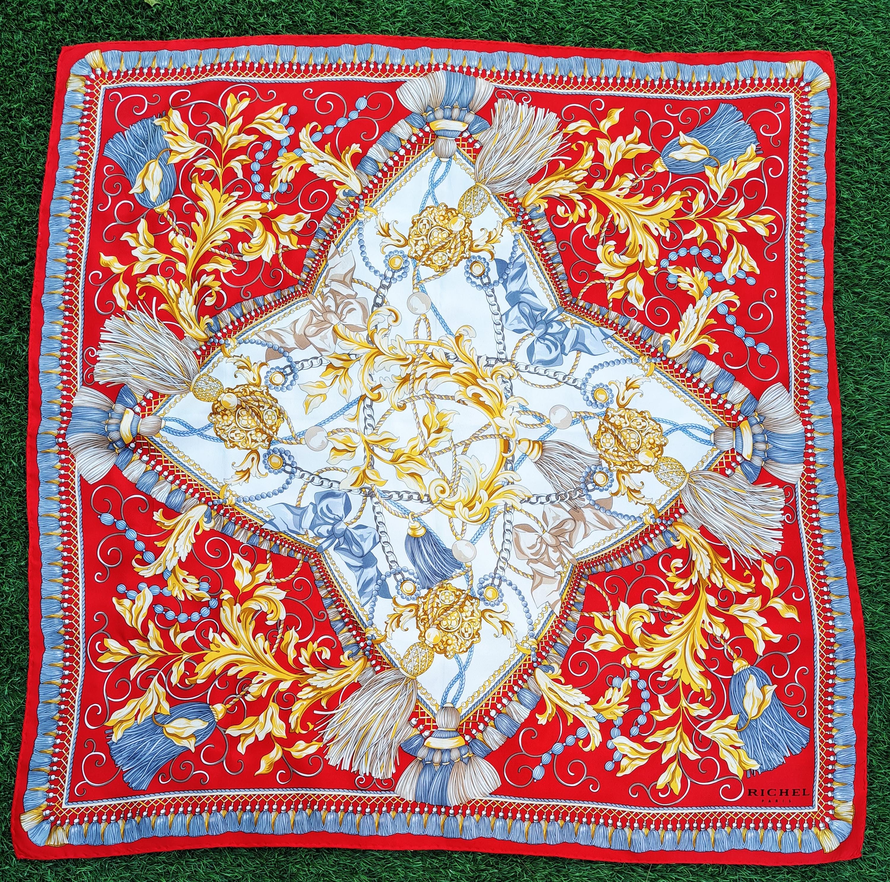 Foulard Vintage RICHEL Paris - 100% Soie, 80x80 Cm - Bleu - Occasion Très Bon état