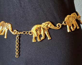 90s Vintage Gold Elephant Metallic Belt Gold Chain Belt with Elephants Vintage Gold Elephant Animal Chain Belt 34"
