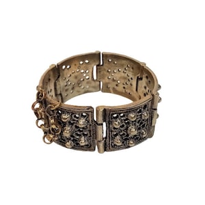 Vintage 60s 70s Chunky Link Bracelet, Old Gold Tone Brutalist Bracelet, Panel Link Cuff Brass Bracelet