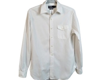 Vintage Polo Ralph Lauren Men's Shirt, White Linen and Cotton Dress Shirt, Size S