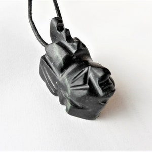 Vintage Carved Black Stone Face Mayan/Aztec Onyx Pendant Necklace