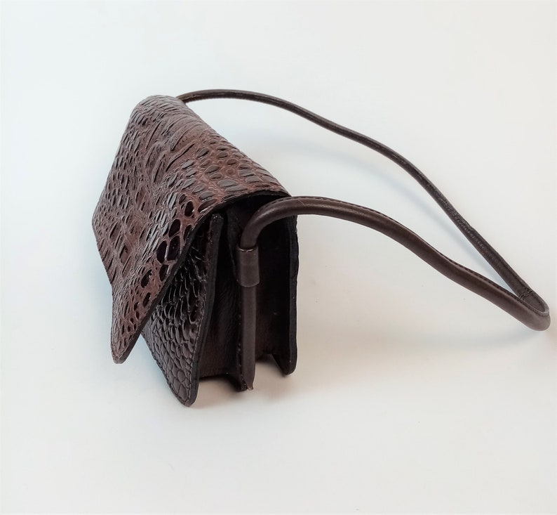 Croc Embossed Handbag, Genuine Cow Leather Purse, Brown Small Shoulder Bag, Made in India image 4