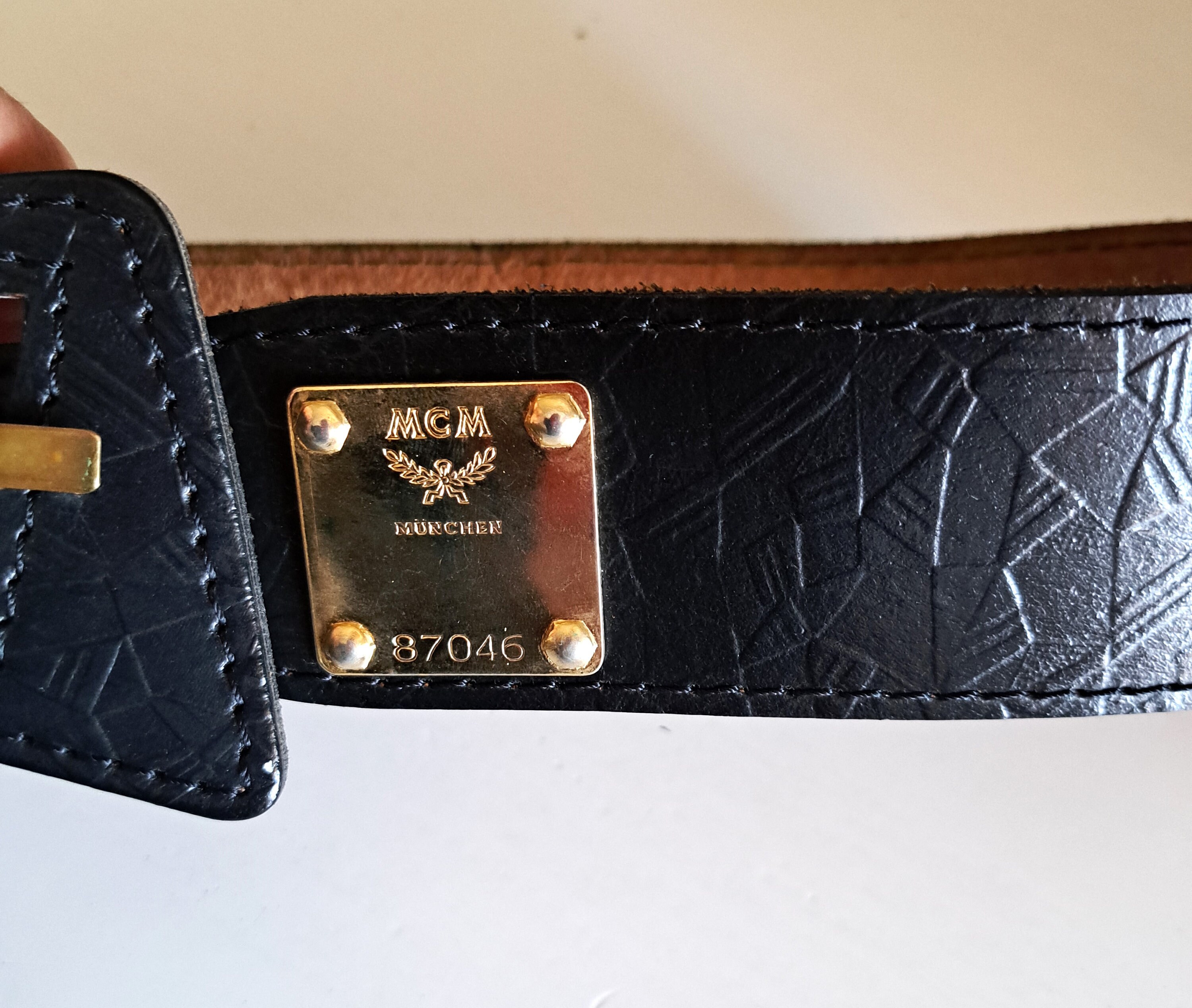 Vintage MCM Black Leather Belt Gold Tone Metal Plates/ 78 to 