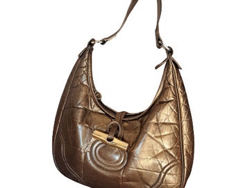 Longchamp Hobo Bag, Gold Patent Leather Handbag, Women's Roseau Shoulder Bag