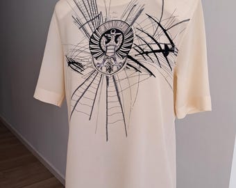 Vintage 80s Laurel Silk Top with Graphic Print - Cream Short Sleeve Designer Shirt